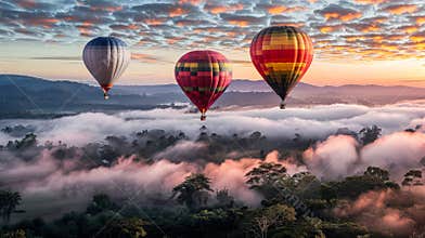 Group of hot air balloons are flying over a misty forest.