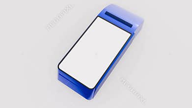 A 3D animation of a credit card inserted into a blue card reader
