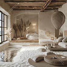 With a rustic interior and eco-design accents, the room has a built-in pool with stone borders and is furnished with