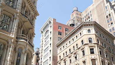 New York City Broadway, Manhattan midtown building corner architecture. Residential house exterior.