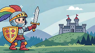 Character Four A courageous knight clad in pixelated armor wielding a little sword that sparkles in the digital light