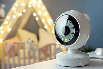 Indoor baby monitor positioned in a nursery with soft lighting and a cozy atmosphere