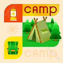 Bright and vibrant illustration of camping tent surrounded by trees, with backpack and lantern emphasizing outdoor