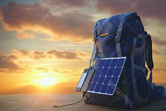 Backpack equipped with solar panel charger at sunset overlooking the horizon