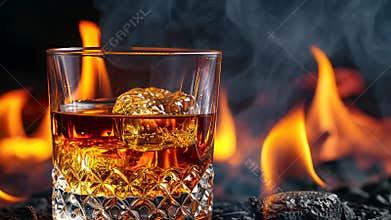 Distilled elegance: cognac presentation, whiskey aroma, brandy warmth, premium beverage, rich essence, crafted spirit, refined