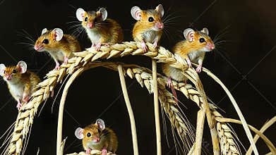 Seven adorable harvest mice perched on wheat stalks against a black backdrop