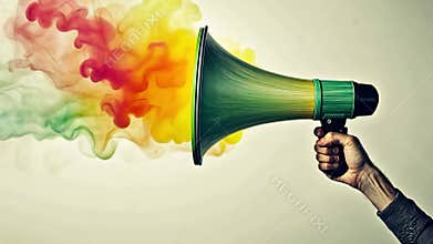 Colorful smoke emerges from a megaphone held by a hand, symbolizing announcements and communication