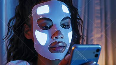 Enjoying a restorative self care moment with an LED mask while using a smartphone for entertainment