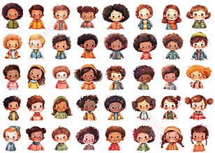 Happy cartoon kids faces clipart set, children icons, multiethnic little boys and girls, watercolor illustration