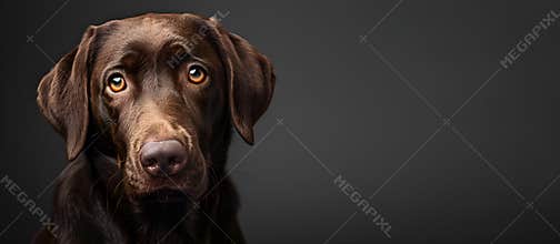 Chocolate colored Labrador Retriever breed dog posing in studio, isolated on dark background