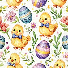 Seamless watercolor style pattern featuring cute chicks with bow ties, decorated Easter eggs, and spring flowers.