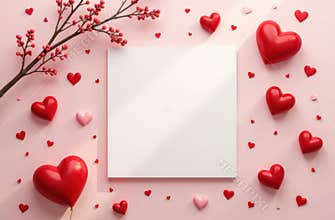 Mock up: Valentine's Day card background. Red voluminous hearts on a trendy soft pink background. In the center