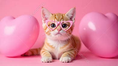 Concept of Valentine's Day February 14. Portrait of ginger cat in heart shaped glasses looking at camera with pink