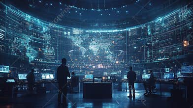 Engineers monitoring global manufacturing data on a large screen in control room