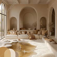 The room showcases a rustic interior with eco-friendly design elements, including a built-in pool with stone borders and