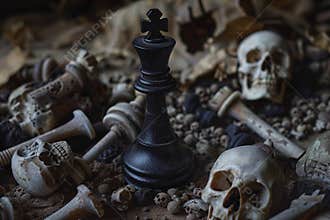 Chess piece standing on checkered game board during strategic game of chess, abstract vivid composition consists of