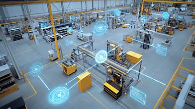 A manufacturing floor filled with sensors strategically p on machinery gathering realtime data to inform predictive
