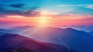 Sunrise over layered mountains with a vibrant fusion of blue and pink skies.