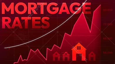 Mortgage rates going up concept design with red graph background. Increasing mortgage prices backdrop with home and shapes