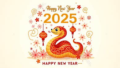 Snake celebrating Lunar New Year 2025 with traditional red lanterns and flowers