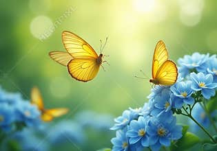 Yellow Butterfly on Blue Flower with Natural Bokeh Background