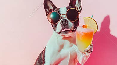 A lively Boston Terrier wearing funky round sunglasses sits picture