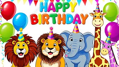 Happy Birthday Greeting Card with Cute Animals and Balloons