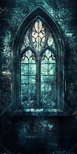 A window with a blue frame and a dark background