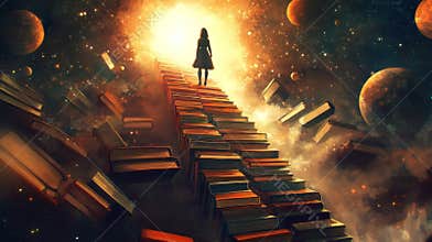 Woman ascending a staircase of books amidst cosmic elements