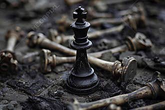 Chess piece standing on checkered game board during strategic game of chess, abstract vivid composition consists of