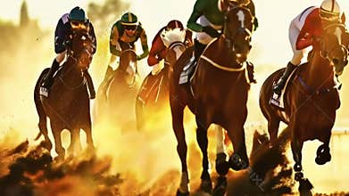 Intense horse race, jockeys in full speed, dust flying