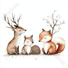 Charming forest animals gather for a peaceful moment in a serene woodland setting. Generative AI