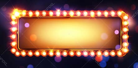 A nighttime view of a vintage movie marquee sign, brightly lit and featuring a blank display for custom messages.