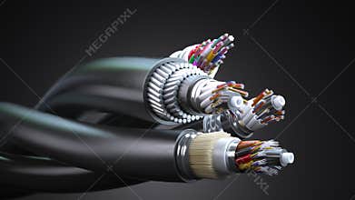 Fiber optical internet cable of various types. Cross section layers structure of fiber cables.