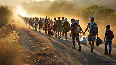 Migrants journey on a dusty road amid the crisis during golden hour in a rural area