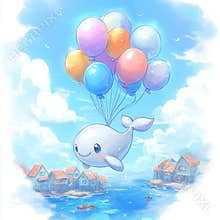 Lovely baby clip art scene with a charming watercolor flying whale, lighthouse, and air balloons. Kids' stock