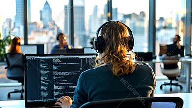 Modern office with programmers collaborating in a vibrant city environment
