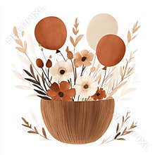 A lovely hand-drawn watercolor scene featuring a baby cradle, crib, air balloons, and flowers. Stock clip art for girls