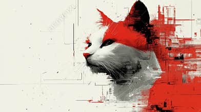 Red And White Cat Digital Painting Abstract Art Profile