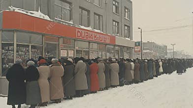 Long Queue of People Waiting Outside a Store on a Snowy Day