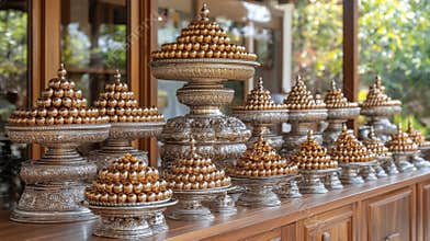 Golden Spheres in Ornate Silver Trays on Wooden Surface
