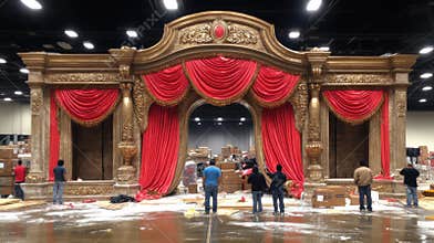 Grand Ornate Stage Set with Red Curtains and Gold Accents Under Indoor Lighting