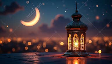 Traditional Ramadan Lantern with Warm Light under Crescent Moon at Night, Peaceful Islamic Atmosphere