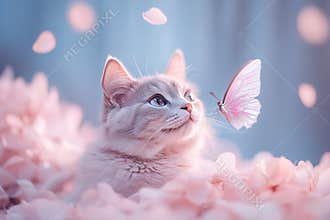 A delicate cat adorned with iridescent butterfly wings rests peacefully on a glowing, luminescent flower. Surrounding
