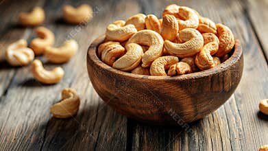 Delicious cashew nuts displayed in a rustic wooden bowl on a wooden surface