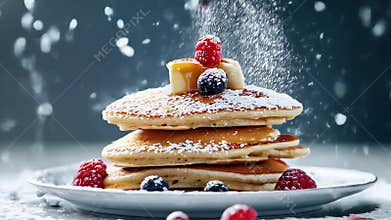 Delicious pancakes with berries and syrup on a plate with powdered sugar