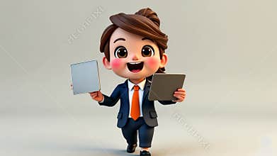 Cheerful Character Holding Clipboards in a Business Attire with a Happy Expression