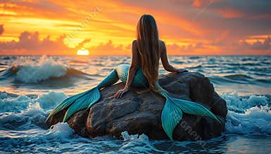 Mermaid sitting on a rock on a beach with blue tail under sunset. Golden light over the ocean