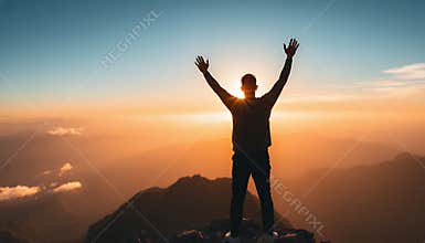 Silhouette of a Man Raising Arms atop a Mountain against Orange Sky at Sunset