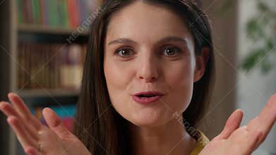 Close up face girl Caucasian woman happy excited expression wow surprise shock female pupil high school student looking